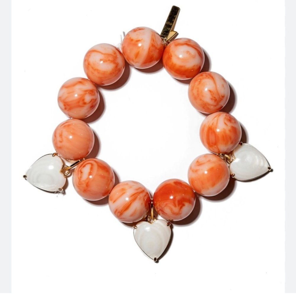 Lele Sadoughi Orange Marbled Bead Bracelet with White Heart Charms
